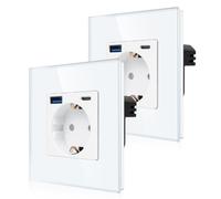 CNBINGO Pack de 2 Base de enchufe individual con 2 x puertos USB de carga rápida - 1 x (Tipo C y USB-A máx. total 3,1 A) - Base de enchufe Schuko de cristal sencilla de empotrar - Toma de pared blanca