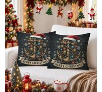 Coastal Nautical - Juego de 2 fundas de almohada de anclas navideñas de 14 | Fundas de almohada con temática costera, decoración náutica de invierno, textura de madera rústica, luces festivas