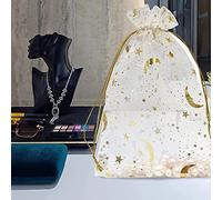 Cocoarm Bolsa de Malla con Cordón Bolsa de Organza para Joyas 100 Piezas 9 X 12 Cm Estampado de Luna y Estrella Dorada con Cierre de Tirador Compacta para Favores para Boda Fiesta Baby Shower Joyas