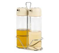 Cofan Aceitera y vinagrera con soporte | Juego de 2 piezas | Frascos de vidrio borosilicato | Capacidad: 300 ml por frasco | Tapas de color beige