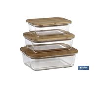 Cofan Set de 3 Fiambreras Rectangulares de Borosilicato | Modelo Bambú | Tapa de Bambú | Capacidad 640-1040-1520 ml