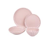 Cofan Vajilla de porcelana esmaltada en color rosa nude | Juego de 16 piezas | Diseño en relieve | Apta para lavavajillas, microondas y horno