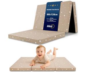 Colchón Cuna 60x120 cm plegable para cuna de viaje - Funda desenfundable lavable en lavadora a 30 grados & bolsa incluida - Colchón Bebé Infantil en espuma firme Beige con estrellas blancas
