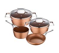 Colección Origen: set de 1 Cazo 16 cm, y 2 Cacerolas con tapa de vidrio, 20 y 24 cm, y 1 Sartén 16 cm, aluminio forjado, aptas para inducción