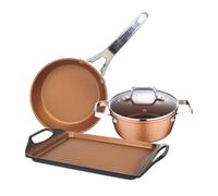 Colección Origen: set de Cacerola con tapa de vidrio, 20 cm, con Plancha asador/grill 45 cm, y Sartén 28 cm, aluminio forjado, aptas para inducción