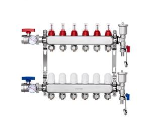 Colector de calor radiante de 6 derivaciones VEVOR, colector de tubería PEX de 1/2", colector PEX de acero inoxidable para calefacción por suelo radiante hidrónico, kit de colector PEX de calor radian