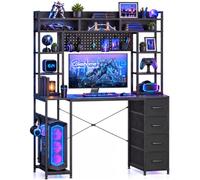 Coleshome Escritorio con Cajones y Estantería, 120x50 cm, Negro | Mesa Gaming con 4 Cajones de Tela, Panel Perforado y Almacenamiento, Soporte para PC, para Oficina, Estudio y Dormitorio