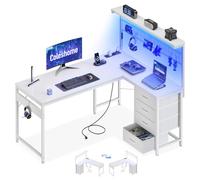 Coleshome Escritorio Esquinero Gaming con 4 Cajones, 130x100cm, Blanco | Mesa Gaming con LED y Enchufe, Escritorio en L Reversible con Panel Perforado, Gancho para Auriculares para Gamer