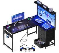 Coleshome Escritorio Esquinero Gaming con 4 Cajones y LED, 130x100cm, Negro | Mesa Gaming con Enchufe, Escritorio en L Reversible con Panel Perforado, Gancho para Auriculares para Gamers Oficina en Casa