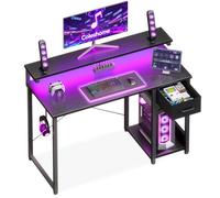 Coleshome Escritorio Gaming con Cajones de Tela, 100x45cm, Negro | Luces LED, Reversible, Con Estantería, Gancho para Auriculares Para Casa y Dormitorio