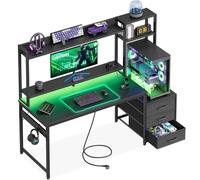Coleshome Escritorio Gaming con Estantería, 137x48cm, Fibra Carbono Negro | Mesa Gaming con LED y Toma de Corriente, 3 Cajones y Repisas de Almacenamiento, Escritorio para PC, Para Gaming y Estudio