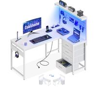Coleshome Escritorio Gaming con LED, 110x80cm, Blanco | Mesa Gaming con Enchufe, Escritorio en L Reversible con Panel Perforado, Gancho para Auriculares para Gamer Oficina en Casa