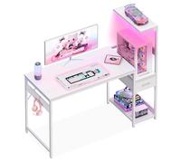 Coleshome Escritorio Gaming con LED, 120x48cm, Fibra de Carbono Blanca | Mesa Gaming con Cajones y Estantería, Mesa Gamer Reversible con Gancho para Cascos, Para Oficina en Casa y Juegos