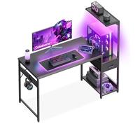 Coleshome Escritorio Gaming con LED, 120x48cm, Fibra de Carbono Negra | Mesa Gaming con Cajones y Estantería, Mesa Gamer Reversible con Gancho para Cascos, Para Oficina y Habitación Gaming