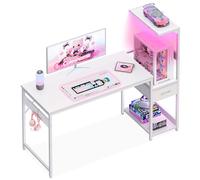 Coleshome Escritorio Gaming con LED, 138x48cm, Fibra de Carbono Blanca | Mesa Gaming con Cajones y Estantería, Mesa Gamer Reversible con Gancho para Cascos, Ideal para Oficina y Gaming
