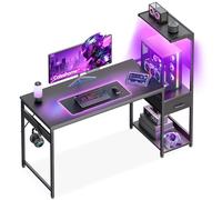 Coleshome Escritorio Gaming con LED, 138x48cm, Fibra de Carbono Negra | Mesa Gaming con Cajones y Estantería, Mesa Gamer Reversible con Gancho para Cascos, Perfecto para Gaming y Oficina