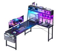 Coleshome Escritorio Gaming en L con Estantería y LED, 150x100cm, Negro