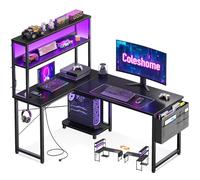 Coleshome Escritorio Gaming en L con LED y Enchufes, 110×80cm, Negro | Escritorio Gamer en L Reversible con Tomas&USB y Estantes, Bolsa de Almacenamiento y Gancho para Cascos, Para Jugadores