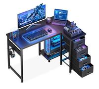 Coleshome Escritorio Gaming Esquinero con 4 Cajones, 100x70cm, Negro | Escritorio en L Reversible con Almacenamiento y Estantería, Mesa Gaming para Oficina en Casa y Dormitorio
