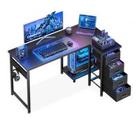 Coleshome Escritorio Gaming Esquinero con 4 Cajones, 120x70cm, Negro | Escritorio en L Reversible con Almacenamiento y Estantería, Mesa Gaming para Oficina en Casa y Dormitorio