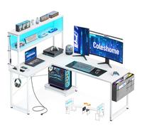 Coleshome Escritorio Gaming Esquinero con LED, 135x100cm, Blanco | Escritorio Gamer en L Reversible con Tomas y Estantes, Bolsa de Almacenamiento y Gancho para Cascos, Para Jugadores