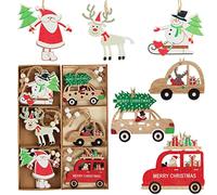 Colgante Navideño de Madera, FainFun 18 Piezas Adornos de Madera de Colgantes con Cuerda para Árbol de Navidad, Decoraciones para Árboles de Navidad de Madera, Coche, Papá Noel, Reno, Muñeco de Nieve