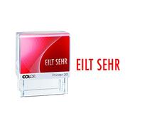 COLOP Printer 20 - Sello de texto con texto en alemán "EILT SEH", impresión roja, para uso inmediato, con texto de almacenamiento y cojín rojo