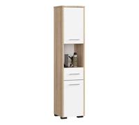 AKORD |Mueble Alto de Baño | Cómoda de Baño | A30 x H140 x F30 cm, Peso 25 kg | 2 Estantes con Puertas | 1 Cajón, 1 Compartimento Abierto | como Armario Colgante | Roble Sonoma/Blanco