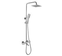 Columna de ducha con tubo redondo extensible de 80 a 120 cm. CON CAÑO y grifo termostático con desviador integrado. Ducha de mano y rociador superior cuadrados. Recambios originales garantizados