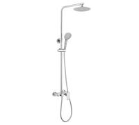 Columna de ducha monomando redonda modelo DUA con repisa integrada, tubo redondo extensible regulable en altura de 80 a 120 cm. Ducha mano para hidromasaje y rociador redondos. Recambios garantizados
