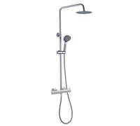 Columna de ducha monomando TOR de diseño redondo, tubo redondo extensible regulable en altura de 80 a 120 cm. Acabados en cromo brillo. Ducha de mano y rociador redondos. Recambios garantizados