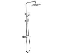 Columna de ducha termostática extralarga QUA Quad, con tubo extensible de 100 a 150 cm. Rociador extraplano de 20cm y ducha de mano de hidromasaje cuadrados. Recambios garantizados