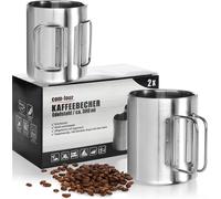 com-four®: 2 tazas de café de acero inoxidable - 300 ml por taza - Tazas térmicas de acero inoxidable 304 con asa abatible - Tazas aislantes de doble pared - Sin BPA