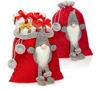 COM-FOUR® 2x saco navideño premium, saco de regalo rojo para llenar | bolsa navideña con pompones y gnomos como decoración y excelente empaque de regalo