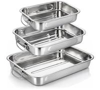 COM-FOUR® 3 piezas Juego de bandejas para asar y hornear | bandeja para asar de acero inoxidable con asas - cacerola de acero inoxidable para cocinar y hornear - fuente para horno