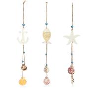 COM-FOUR® 3X Decoración Colgante de Madera con Estrella de mar, pez y Ancla | decoración marítima para el hogar