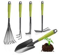 com-four®: Juego de 5 herramientas de jardín – Set de jardinería que incluye una azada doble, un rastrillo pequeño, un rascador para juntas, un rastrillo de mano y una paleta para flores – Herramienta