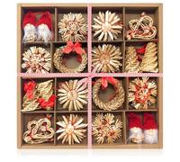 COM-FOUR® 56 Piezas Juego de Estrellas de Paja, Estrellas, Campanas | abetos y figuras tradicionales como adornos para árboles de Navidad - pequeños colgantes de paja - colgantes naturales