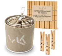 com-four® Bolsa para Pinzas de Ropa con 24 Pinzas de bambú y mosquetón | Bolsa colgante con mosquetón, plegable, ideal para tendedero, perchero de secado, balcón y lavadero