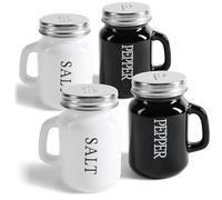 COM-FOUR® Juego de salero y pimentero de 4 Piezas - especiero con Tapa de Rosca y asa - Tarro de Especias en Forma de Jarra de Cerveza con inscripción - Cocteleras (4 piezas - vidrio negro/blanco)