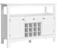 Comedor moderno con sistema de buffet, que incluye un perchero para vinos con forma de cruz, una estantería abierta, 2 armarios y un cajón, todo en color blanco