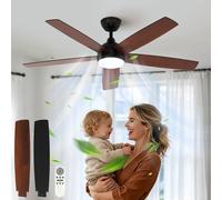 Comely Ventilador de Techo con Luz, DC 132 cm, 3 Temperaturas de Color, Ventilador Techo Vintage con 6 Velocidades, Ventilador de Techo Luminoso Función Verano/Invierno para Dormitorio, Nogal y Negro