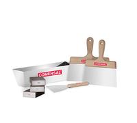 COMENSAL® - Bandeja para Mezcla - Gaveta Cubo de Metal - Gaveta Albañil - Juego de 7 pcs - Espátula Bricolaje 150 - Espátula de Emplastecer 200/240 - Esponja de Lijar 3 pcs -Inox - Made in EU