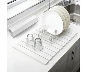 comfoyar Alfombra de Secado de Platos de Piedra para Cocina, Alfombrilla de Drenador de Platos de Diatomita Seca Rápida para Botellas Tazas, Absorbente de Agua, Plegable, 60×39cm, Blanco
