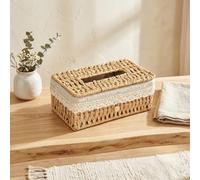 Comgooldool Cubierta de caja de ratán tejida a mano, soporte rectangular para toallas de papel para oficina en casa para hotel, elegante organizador de cesta de almacenamiento, beige o marrón, 24 x 14