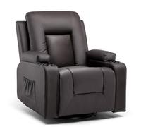 COMHOMA Sillón Reclinable con Respaldo y Reposapiés Ajustables, Silla Giratoria 360° con Portavasos y Bolsillos Laterales, Diseño Ergonómico con Soporte Corporal Completo, Cuero PU, Marrón