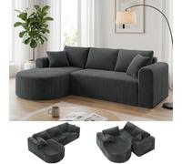 COMHOMA Sofá de esquina con función de dormir, 263cm de Corduroy Modular sin huesos con Chaise Longue, Forma L, Sofá seccional con cojines y bolsillos laterales, Sofá para el salón, Sin montaje, Gris