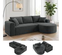 COMHOMA Sofá esquinero modular de pana de 263 cm, con chaise longue, sofá cama en forma de L, sofá seccional con cojines y bolsillos laterales, sofá para salón, sin montaje, gris