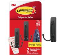 Command Gancho Grande Doble en Negro Mate, 2 Ganchos Metálicos y 3 Tiras Adhesivas - Colgador de Bolsos, Ropa, Sombreros en Pared o Puerta - Sin Agujeros