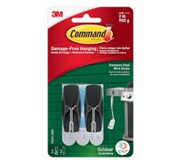 Command Ganchos de alambre de acero inoxidable negro para exteriores, 2 ganchos, 3 tiras adhesivas, para colgar sin daños